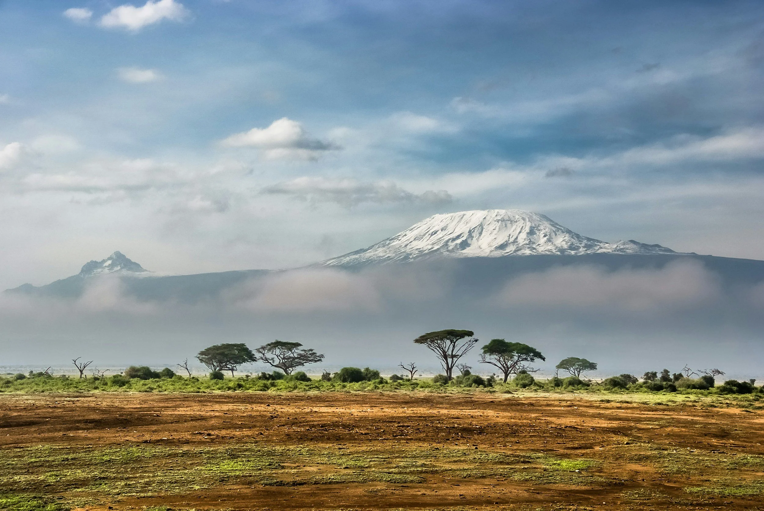 Blick auf den schneebedeckten Kilimandscharo aus dem Amboseli Nationalpark in Kenia