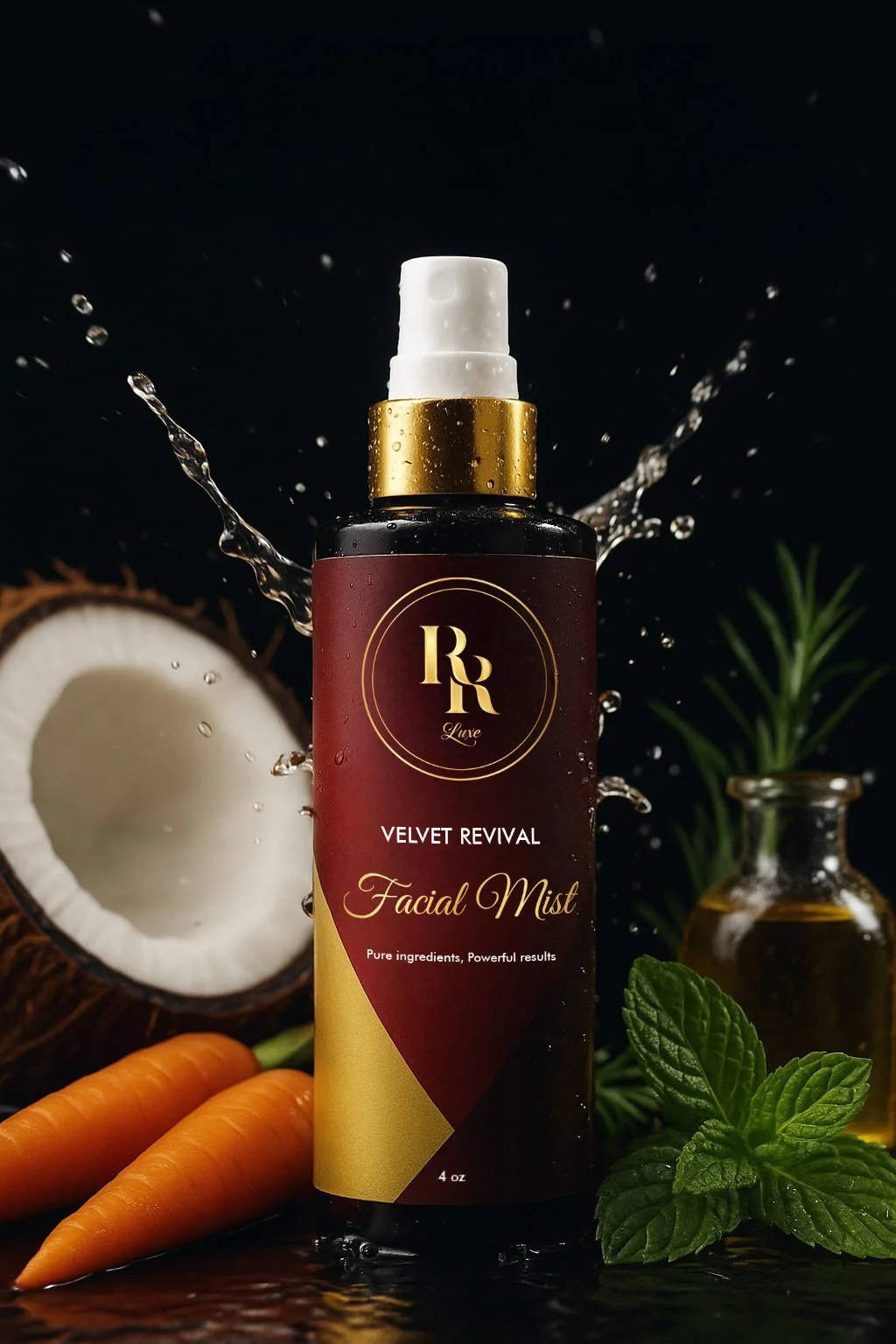 A bottle of Velvet Revival Facial Mist with water splash, fresh coconut, carrots, mint leaves, and a small bottle of oil in the background set against a black backdrop.