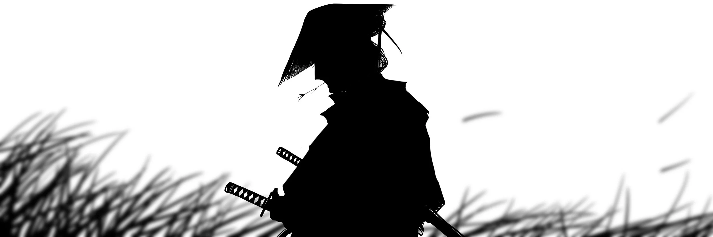 Silhouette d'un samouraï portant deux épées, avec des herbes en premier plan et un fond blanc.