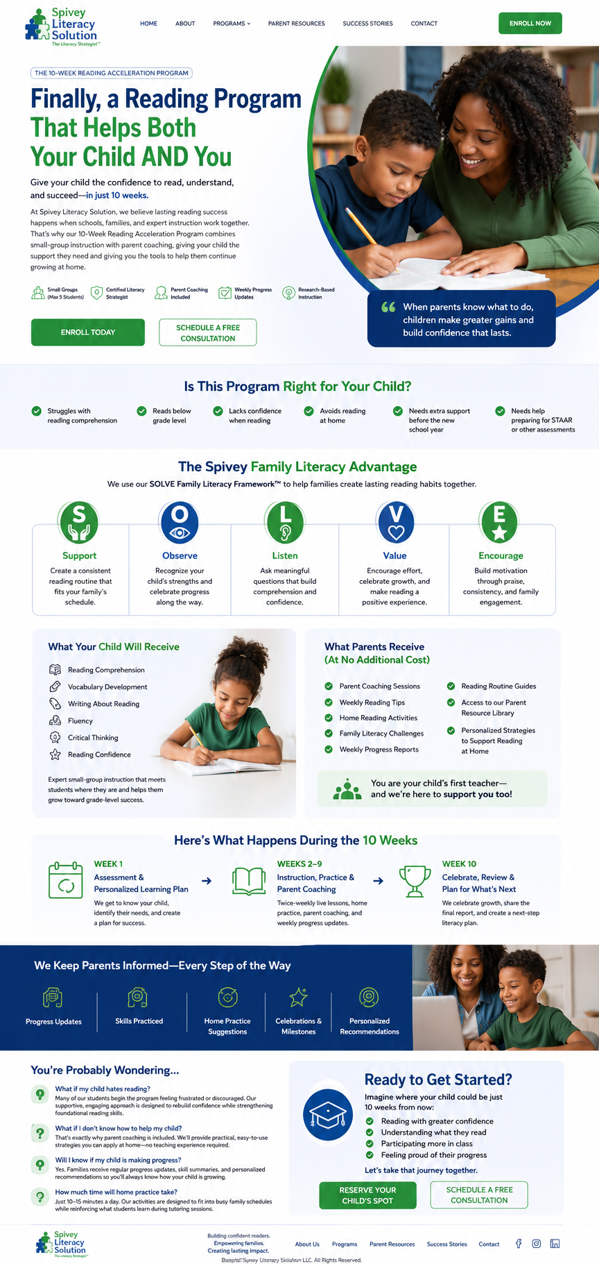 Screenshot of Spivey Literacy Solution website promoting a 10-week reading program for children, featuring images of a teacher helping a young boy read, with information about program features, benefits, and schedule.