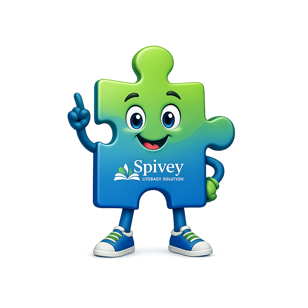 A cartoon puzzle piece character in green and blue, smiling and pointing upward with one finger, wearing sneakers, with the text 'Spivey Literacy Solution' on its chest.