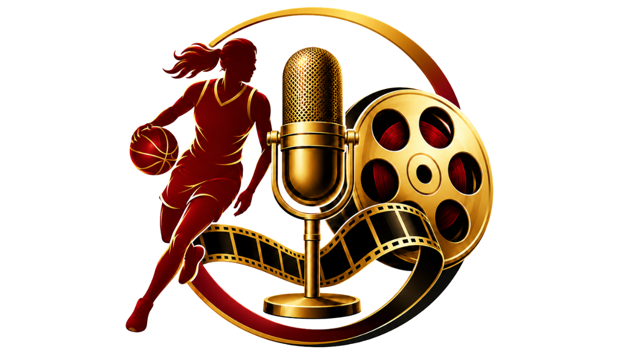 A digital illustration of a female basketball player, a vintage microphone, a gold film reel, and a strip of film, symbolizing sports, music, and cinema.