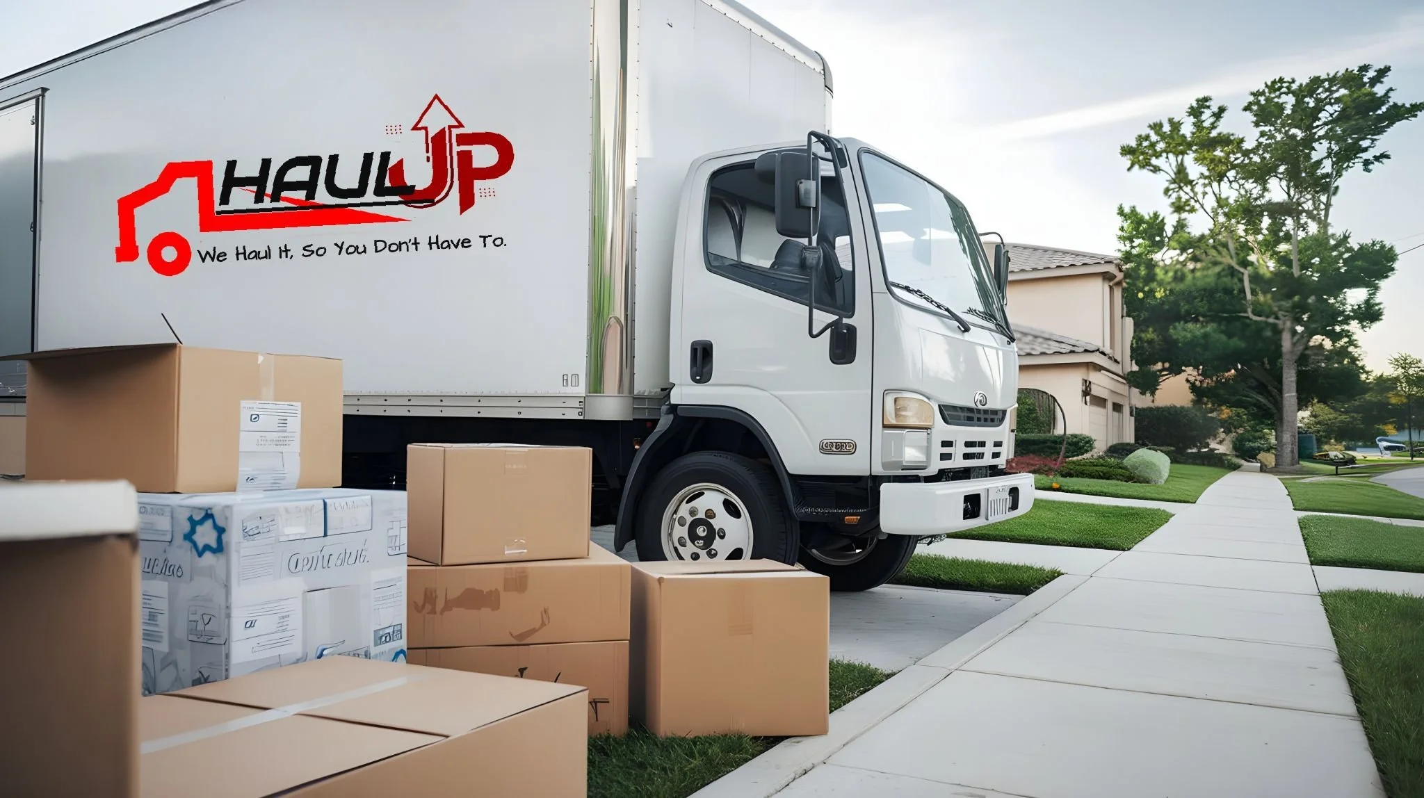 A moving truck parked on a residential driveway with packed cardboard boxes nearby. The truck has a logo that reads 'HauJUMP' and the slogan 'We Haul It, So You Don't Have To.' A sidewalk and a well-maintained lawn with trees and a house are visible in the background.