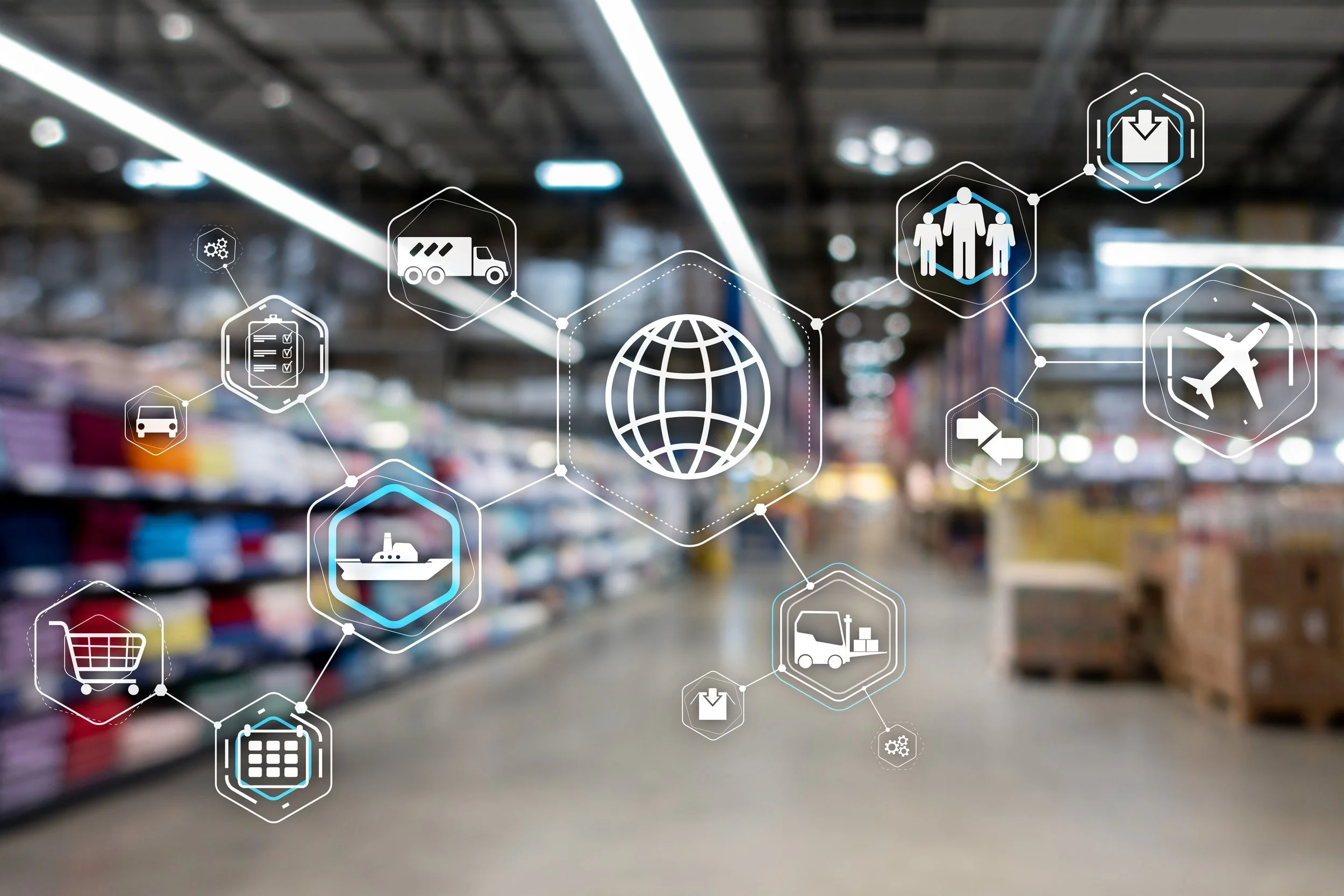 Overlay of technology and logistics icons on blurred warehouse background, including icons of a globe, truck, shopping cart, airplane, ship, family, cargo box, and calculator.