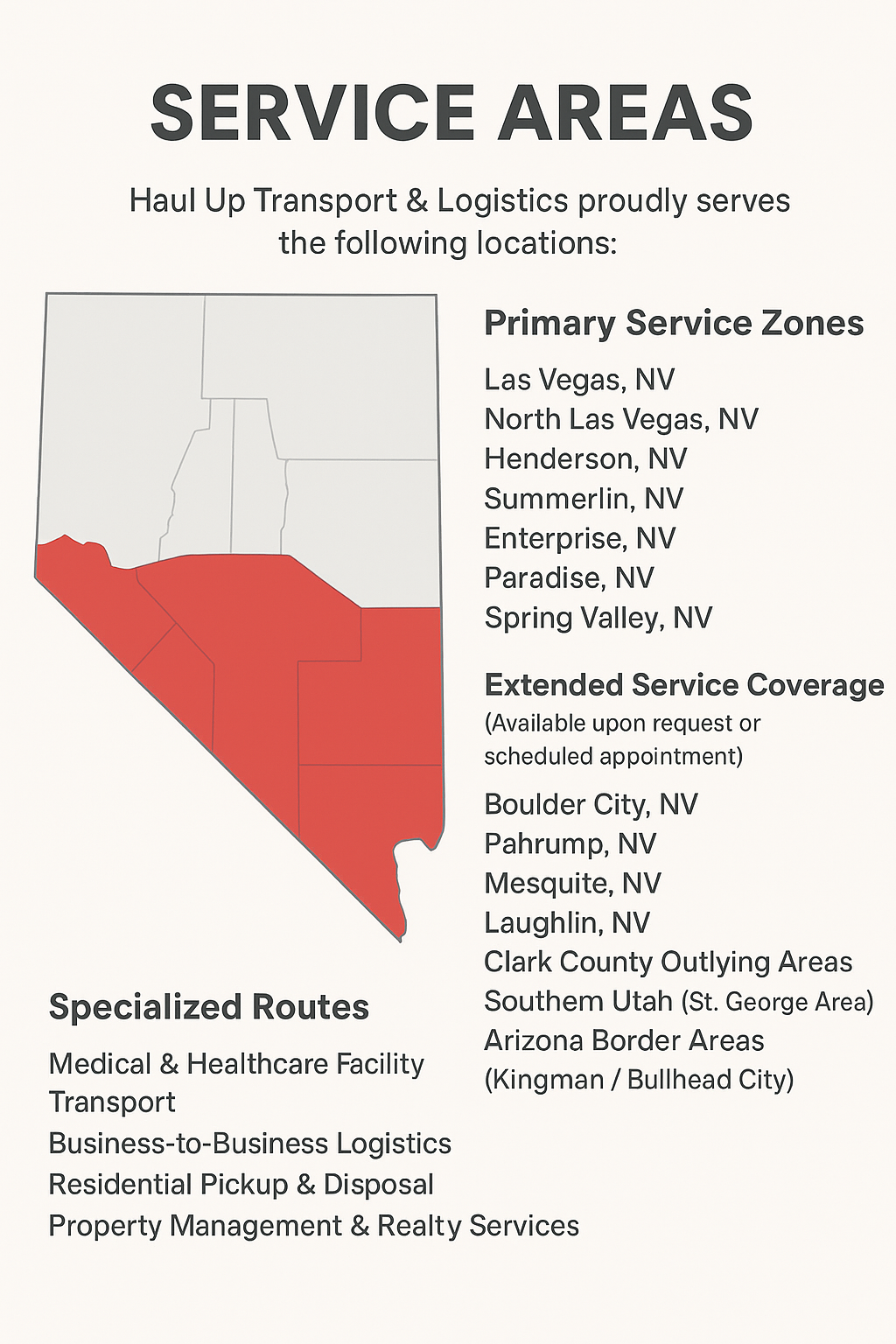 Map of Nevada with service areas highlighted in red and list of locations for Haul Up Transport & Logistics, including primary service zones and extended coverage areas, along with specialized routes.