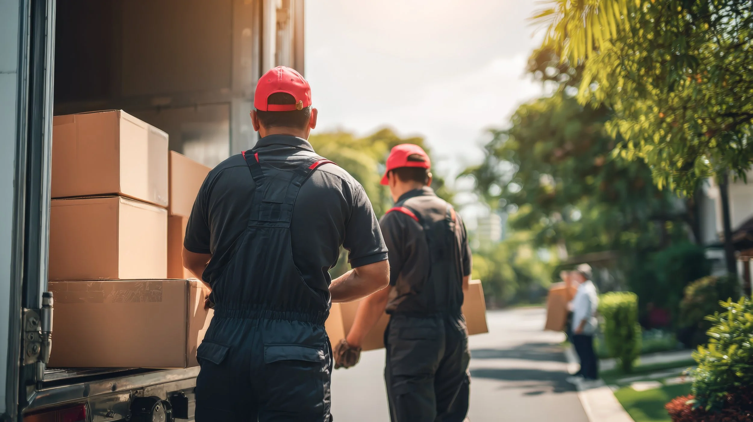 Two delivery workers unloading boxes from a truck on a sunny day, with people walking on the sidewalk in the background.