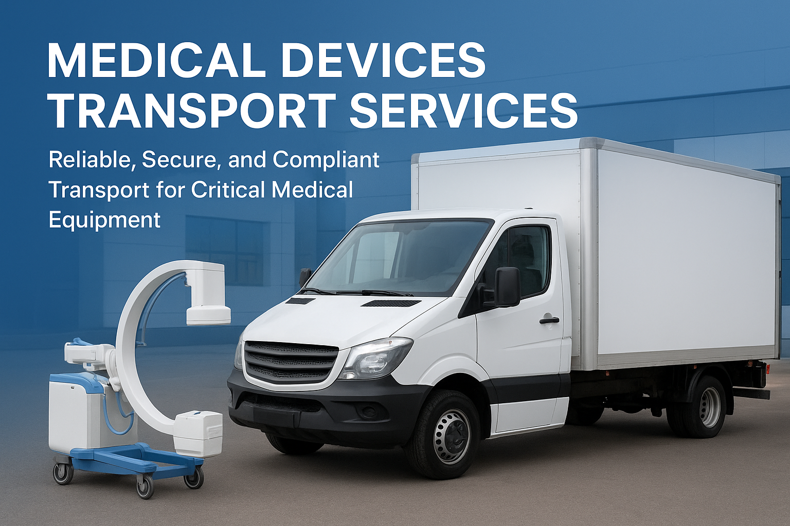 A medical transport service featuring a white moving truck and a medical imaging device on a blue background.
