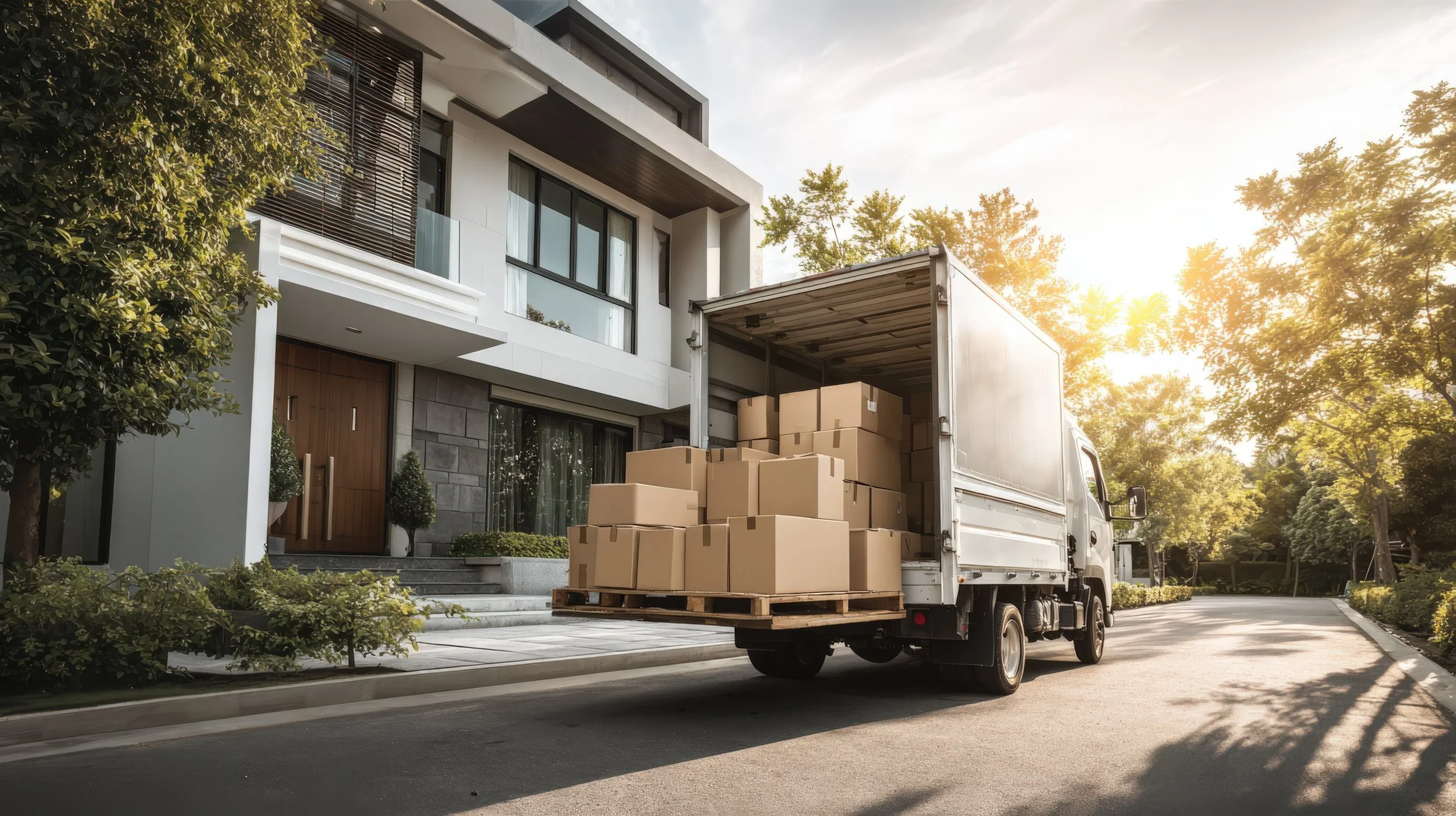 A delivery truck parked in front of a modern house with boxes on its wooden pallet, during sunset.
