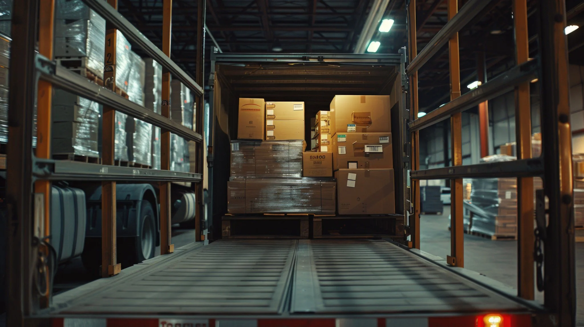 Loading dock with cardboard boxes on pallets inside a warehouse