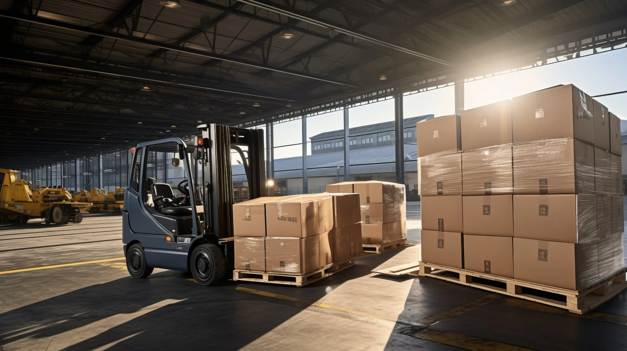 A forklift moving pallets of cardboard boxes inside a warehouse with large windows and sunlight streaming in.