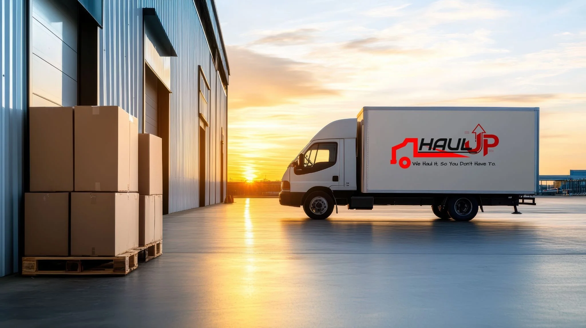 A white delivery truck with the logo 'HAUL UP' and the tagline 'We Haul It, So You Don't Have To' parked outside a warehouse at sunset, with cardboard boxes on pallets nearby.