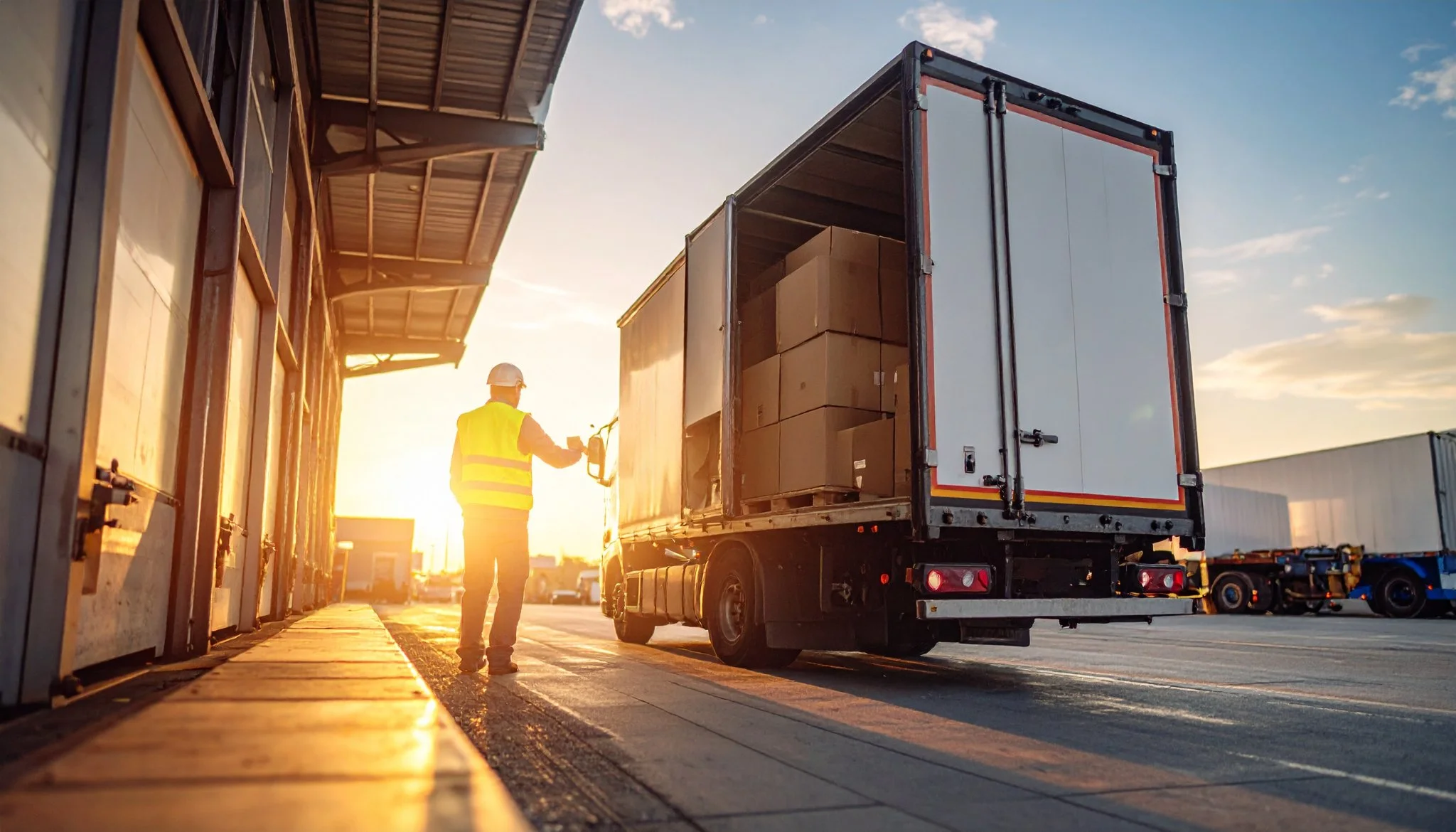 A worker in a high-visibility vest and a hard hat loading boxes into a truck at a warehouse during sunset.