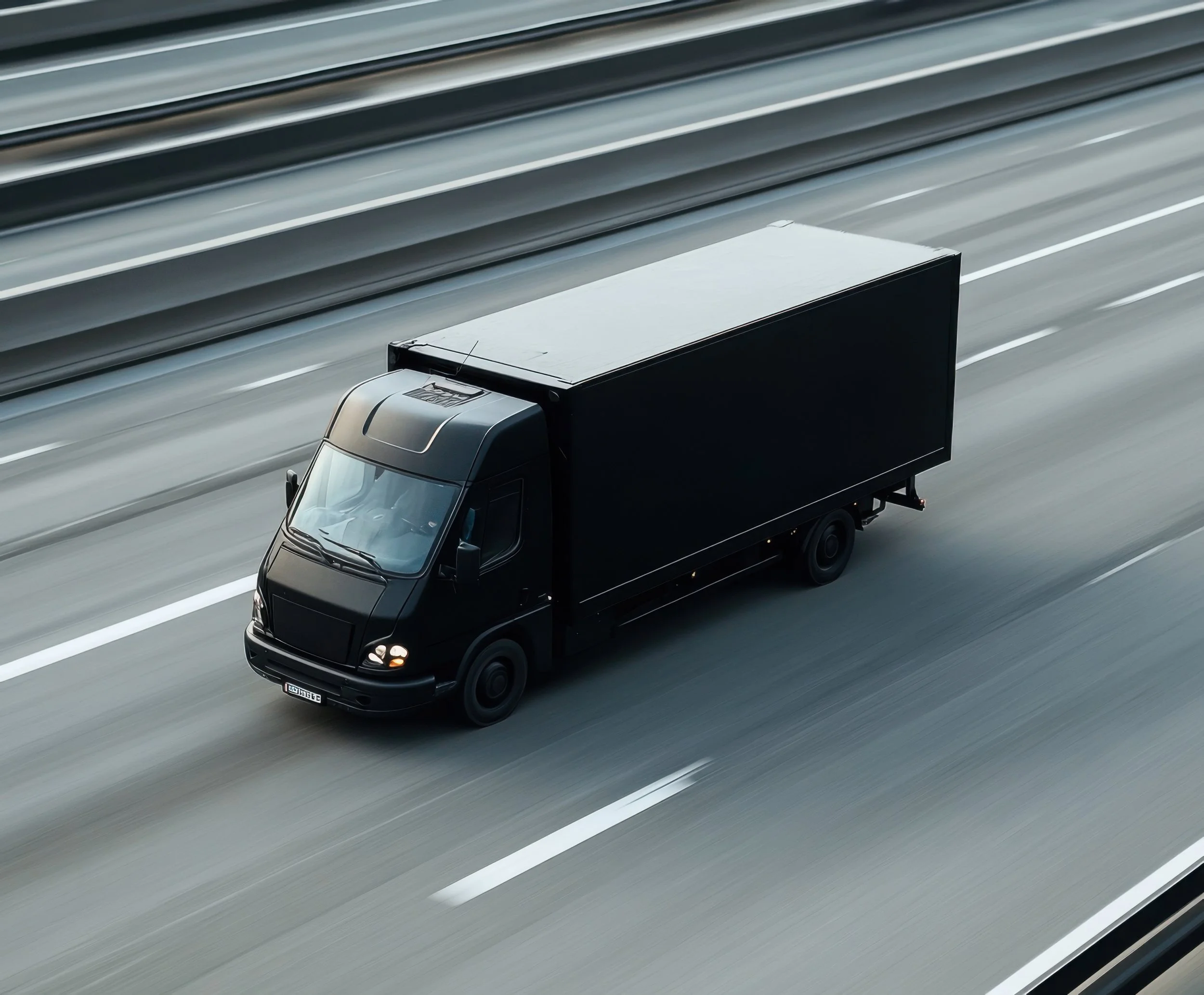 A black delivery truck driving on a highway with multiple lanes.