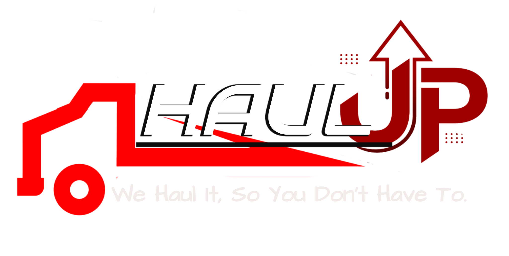 Graphic of a red semi-truck with the words 'Hauck Transport' on the side in white and black, featuring a bold red arrow pointing upward.