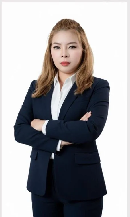 A confident woman with light brown hair, wearing a navy blue blazer and white shirt, standing with her arms crossed against a white background.