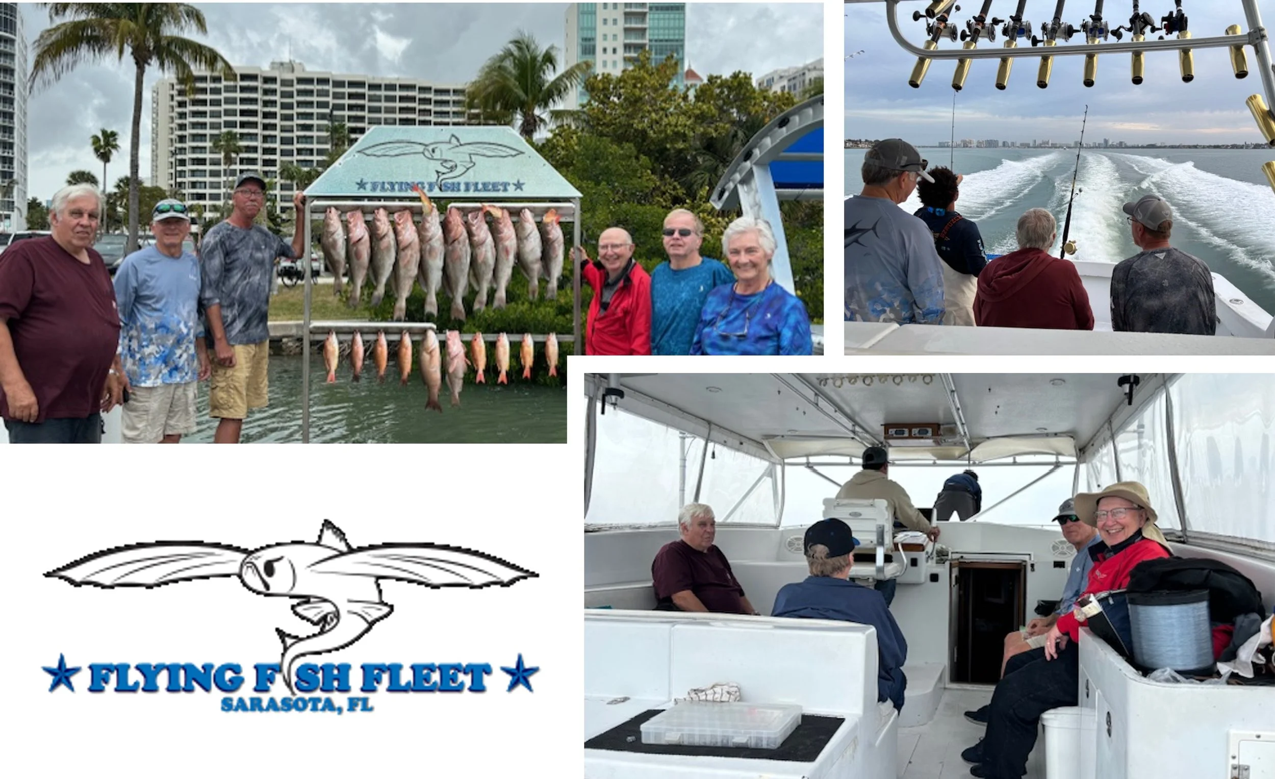 Group of people on a fishing trip in Sarasota, FL. Photos include a display of caught fish, people fishing from a boat, and the interior of the boat with passengers. Logo of Flying Fish Fleet, Sarasota, FL.