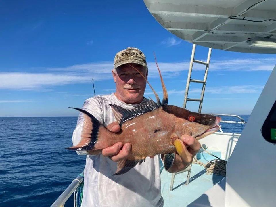 A man wearing a camouflage hat holding a large fish on a boat at sea under a blue sky.