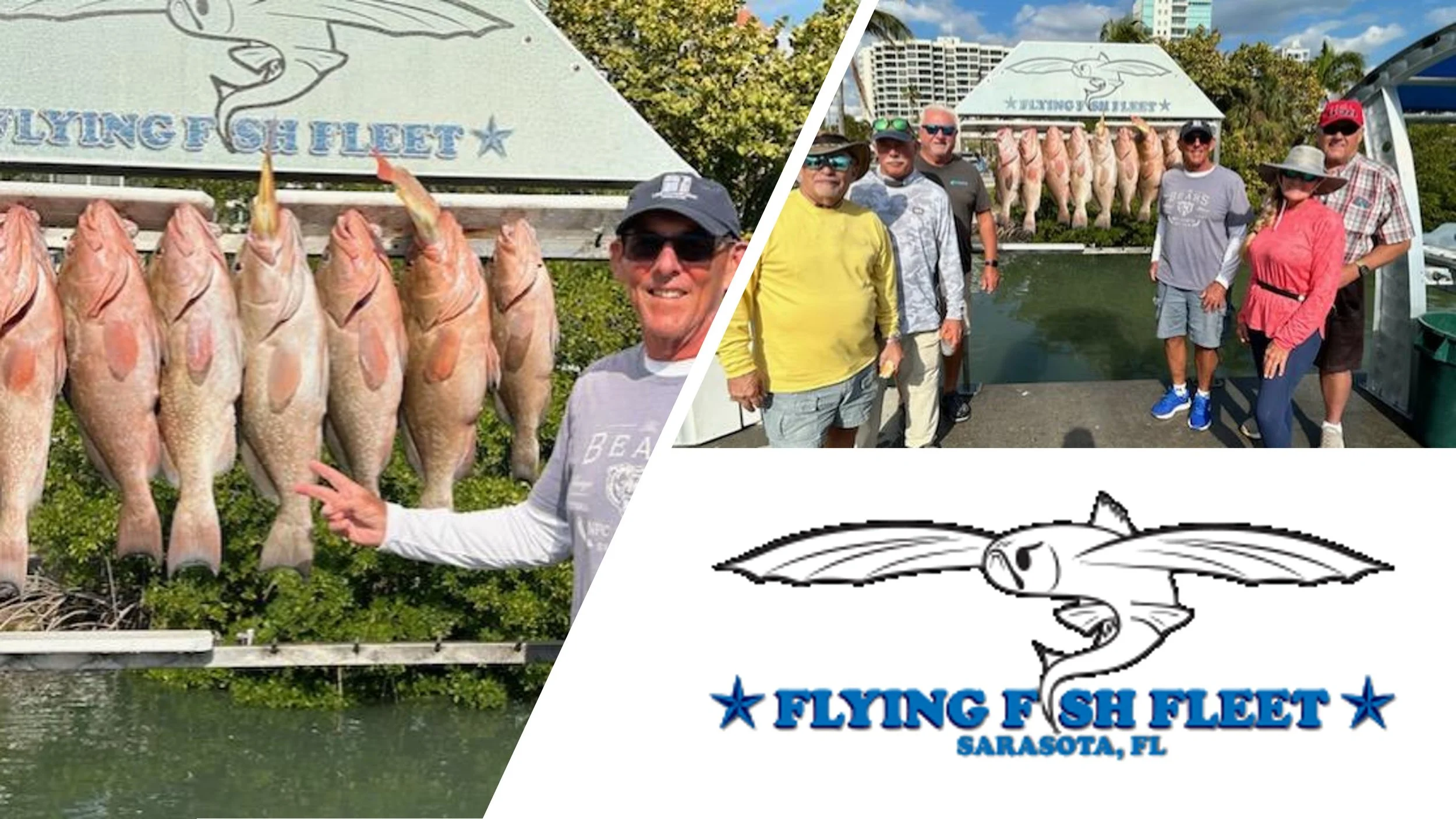 Collage of two photos: the first shows a man in sunglasses smiling and pointing at a row of large fish hanging on a sign that reads 'Flying Fish Fleet'; the second shows a group of five people standing on a dock with a line of large fish hanging in t