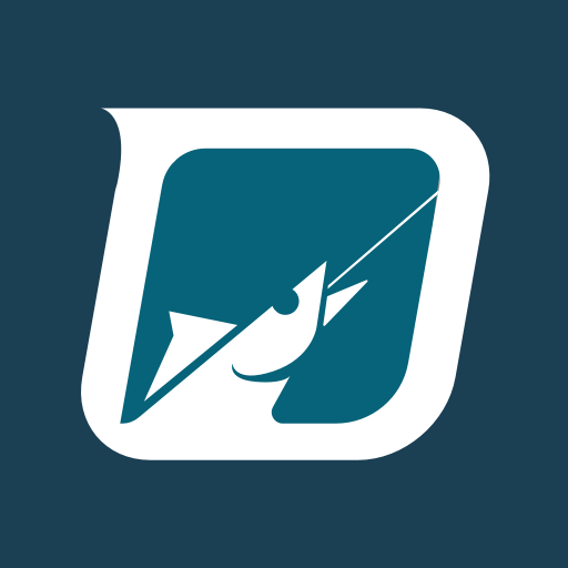 Icon of a fish hooked on a fishing line with a fishing rod in a stylized square frame.