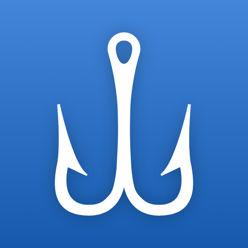 Graphic of a white fishing hook on a blue background.