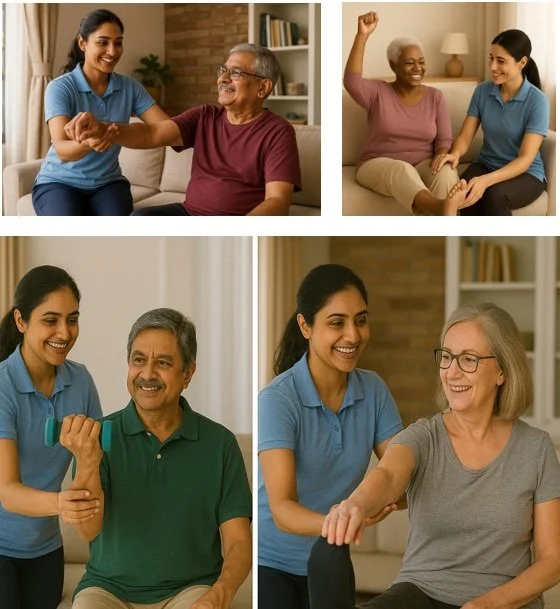 A collage of four images showing an experienced physical therapist assisting and engaging with elderly individuals in a home setting, performing manual therapies, strength training, balance training, and post-surgical rehabilitation.