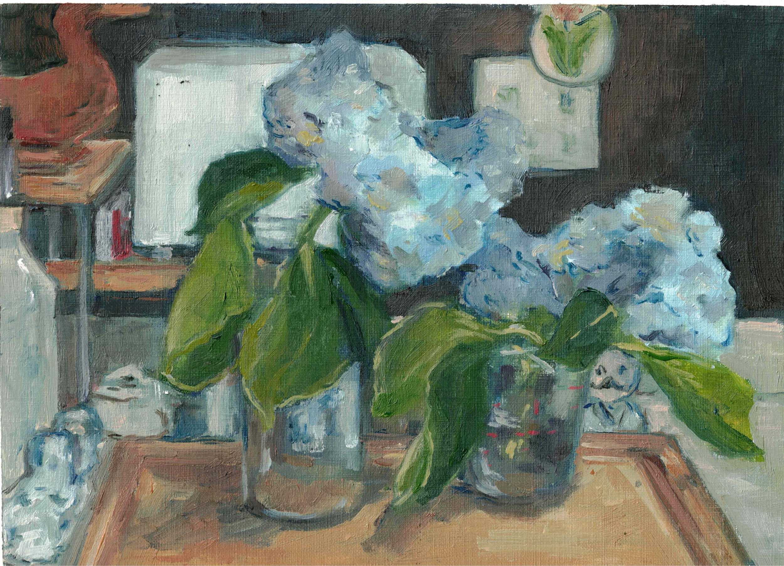 "Wilting Hydrangeas", Oil on paper, 9" x 12", 2024.