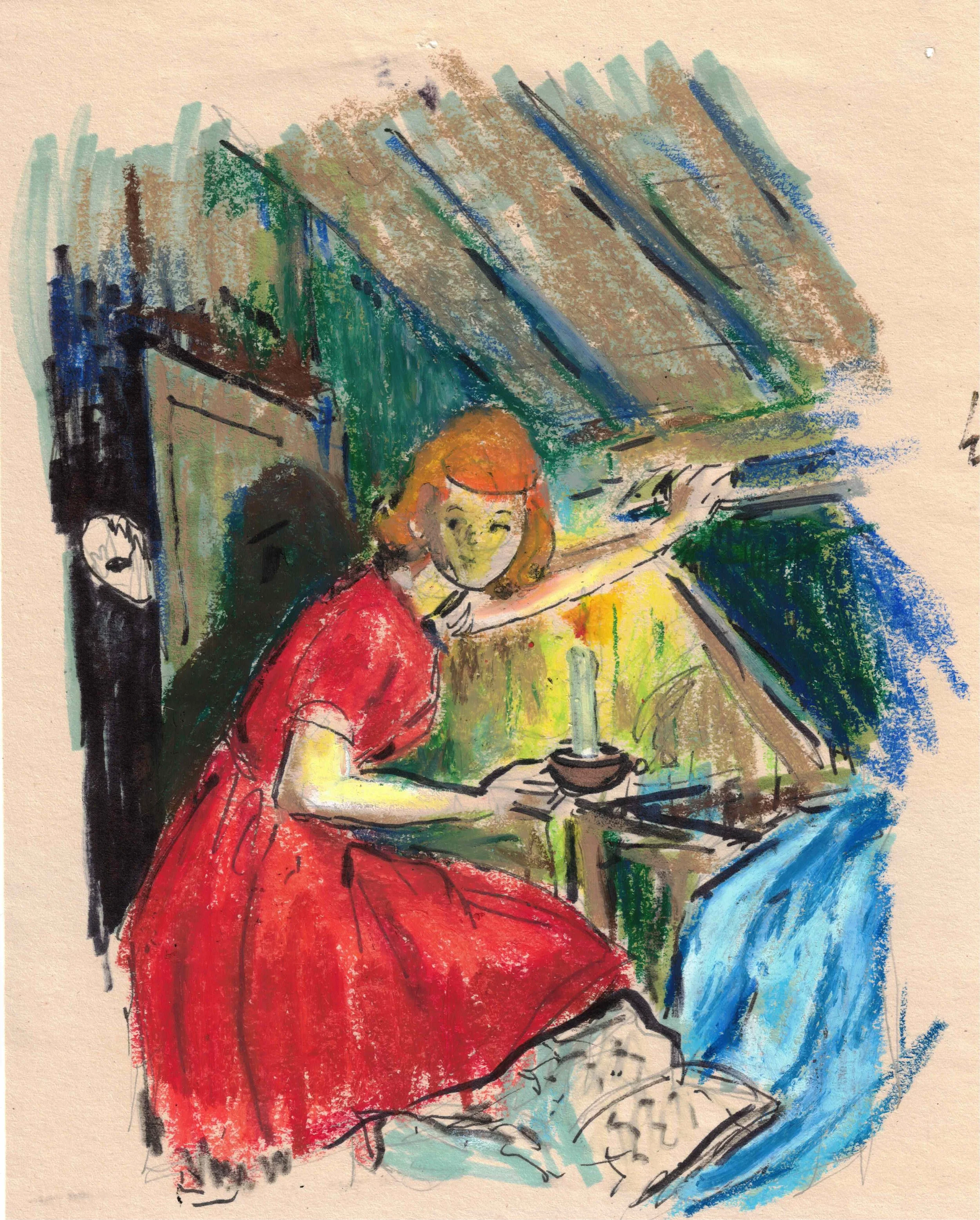 "The Secret in the Old Attic", 8.5" x 11", mixed media on newsprint. 2025. 