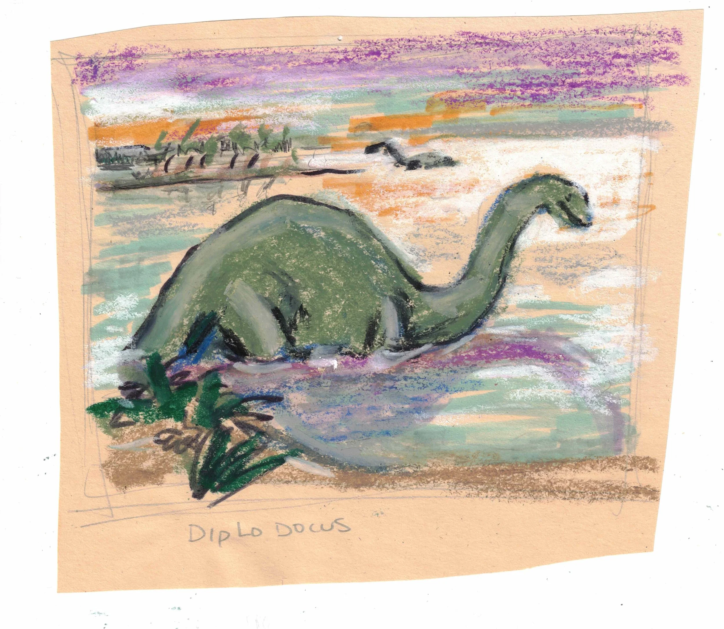 "Diplodocus", Mixed media on newsprint, 5"x 7".  2026.