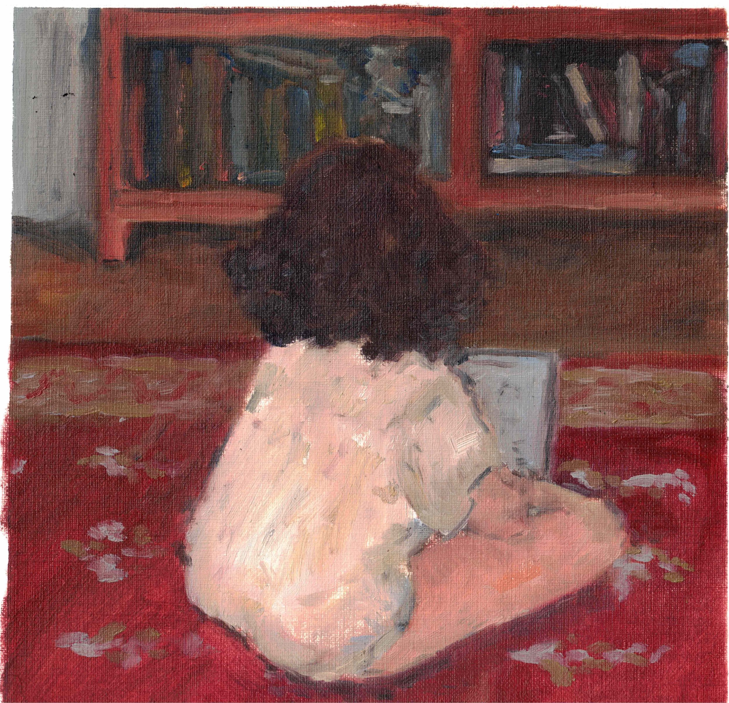 "Samantha Playing Computer Games", Oil on paper, 10" x 10", 2024.