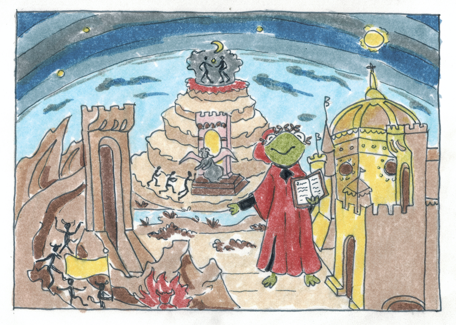 "Froggy's Inferno", Alcohol marker and ink on tracing paper, 4" x 6", 2022.