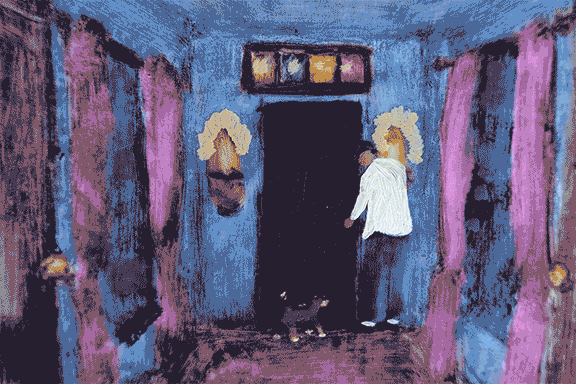 "Dream Door", 24 hand-painted frames photographed over monotype background (oil on acetate). Assembled in photoshop. 