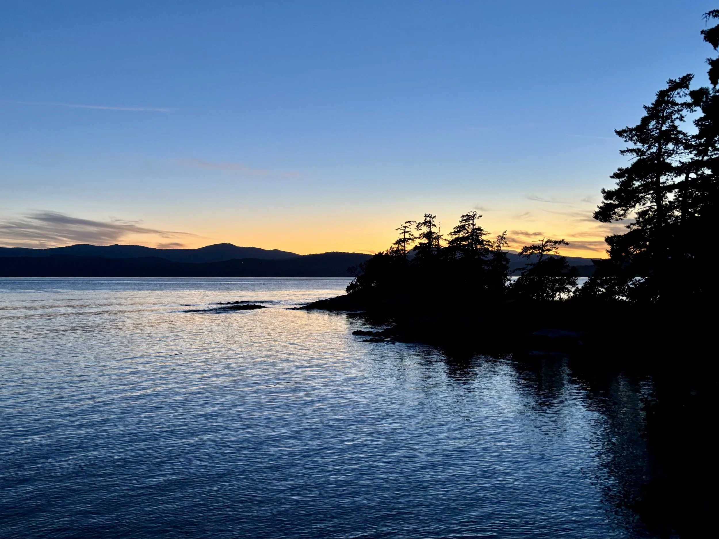 A serene lakeside scene at sunset with a silhouette of trees on the right and distant mountains on the horizon.