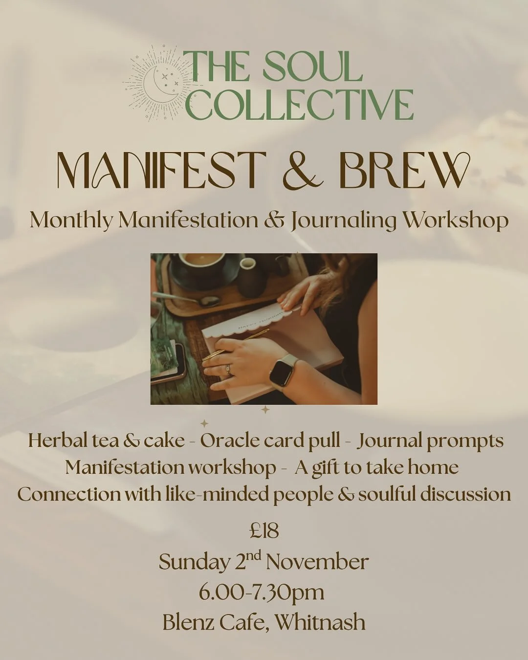 Manifest &amp; Brew✨ 

Our next Manifest &amp; Brew session is Sunday 2nd November. After a short break during spooky season, M&amp;B will be back! 

Join me @blenzcafe for your monthly reset over a cosy tea and delicious cake. Get clear on your goal