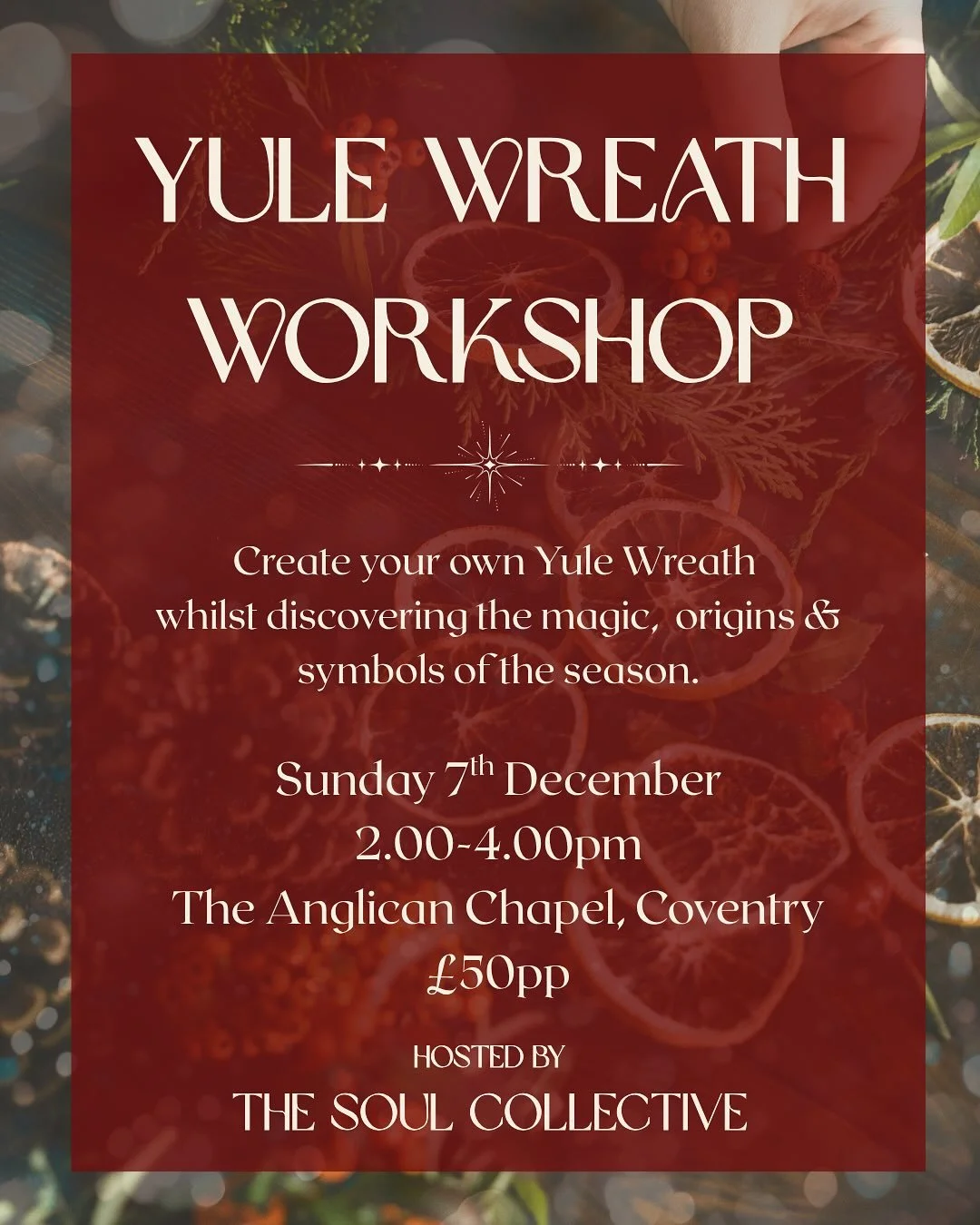 Yule Wreath Workshop 🎄

The wait is over! Tickets will soon be available for my Yule Wreath Workshop! ✨

In this relaxed workshop, you will discover the origins of Yule and the symbols of season. Ever wandered why we eat chocolate Yule Logs, or hang