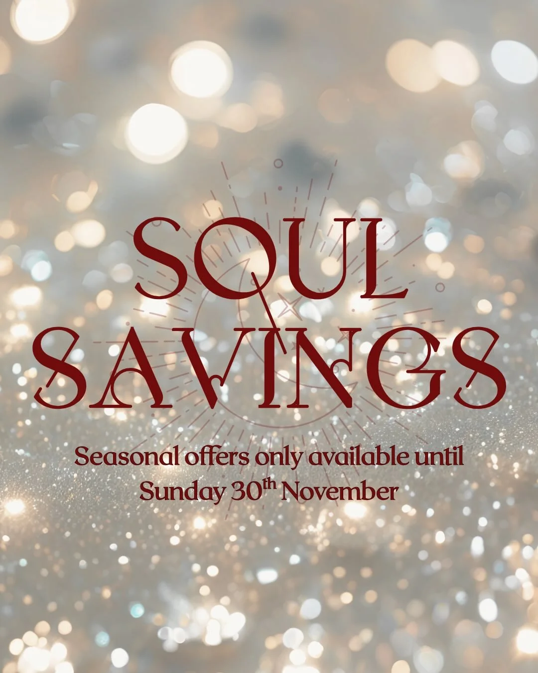 Soul Savings ✨ Your chance to save and share the love this season! Everything can also be booked as a gift 🎁 which includes a bespoke e-voucher*. All codes are only valid until midnight November 30th, and all offers are subject to availability 💫

❄