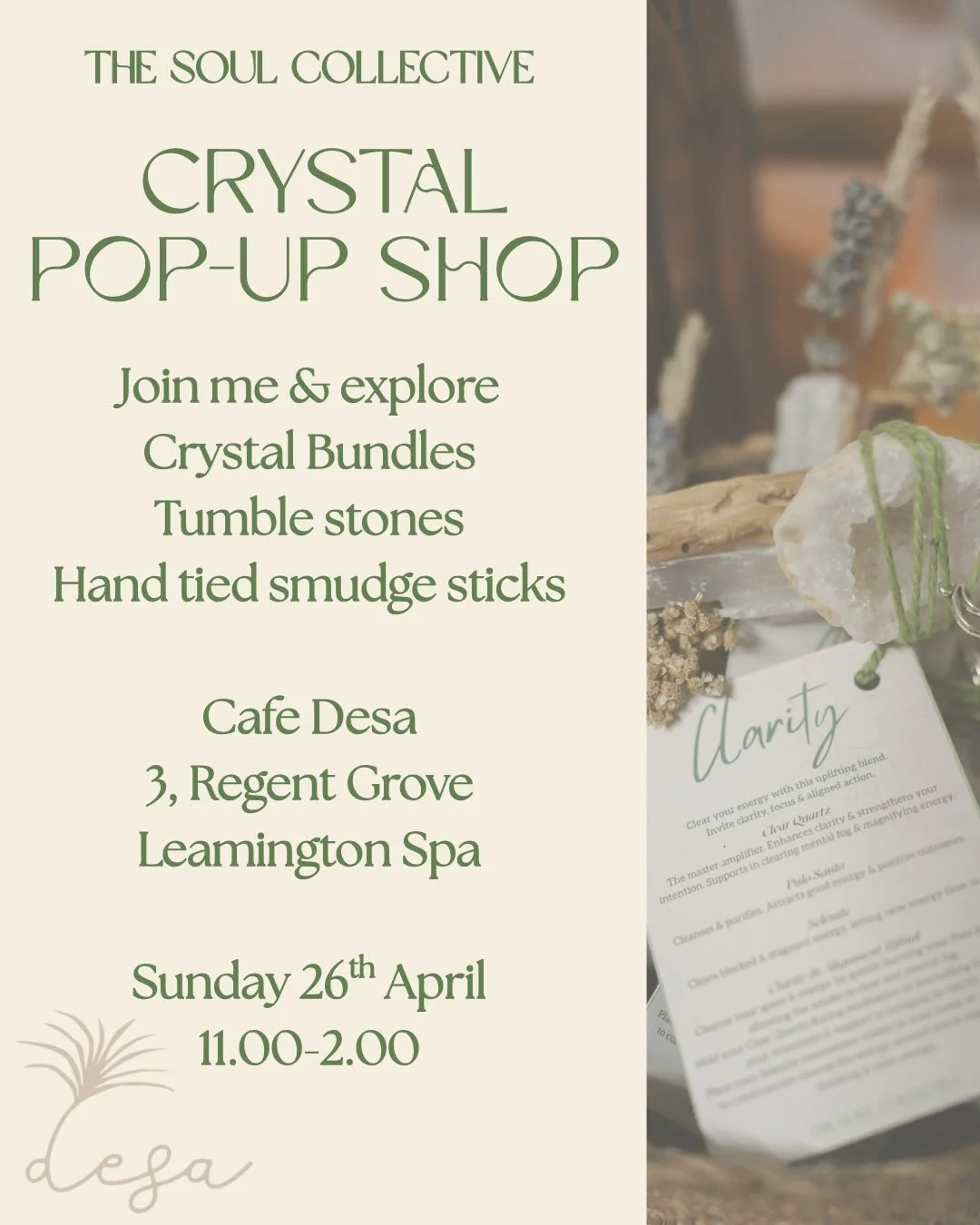 CRYSTAL POP-UP SHOP @desa_cafe 🔮☕️✨

Crystal shopping whilst sipping a delicious coffee? Sounds like a dreamy Sunday to me 😍

The wonderful Cynthia from Desa has been kind enough to host my upcoming Crystal Pop-Up, and tbh I couldn&rsquo;t be more 