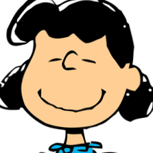Drawing of a smiling child with black hair and a blue shirt.
