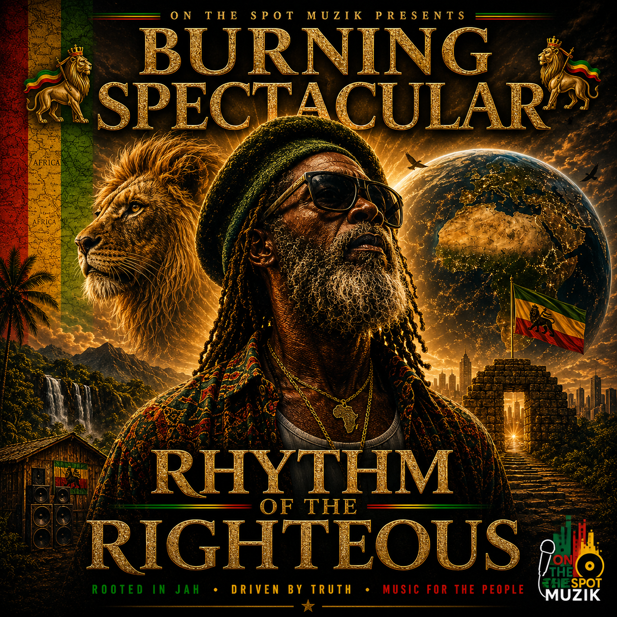 A promotional poster for an event called "Burning Spectacular" featuring a bearded man with sunglasses, dreadlocks, and African-themed jewelry, standing in front of a glowing Earth, a lion, and a lush landscape with waterfalls, palm trees, and ruins. The poster includes African flags, birds flying, and city skyline in the background with text emphasizing roots in Africa and cultural pride.