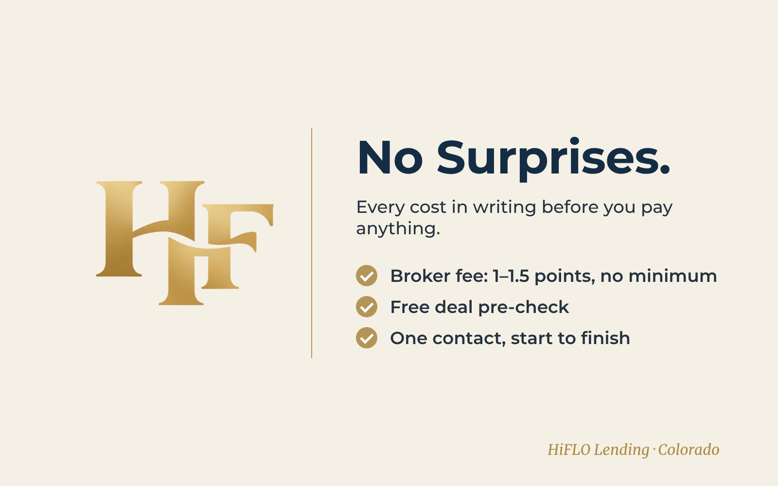 HiFLO Lending fee promises: written fee sheet first, free deal pre-check, one contact start to finish