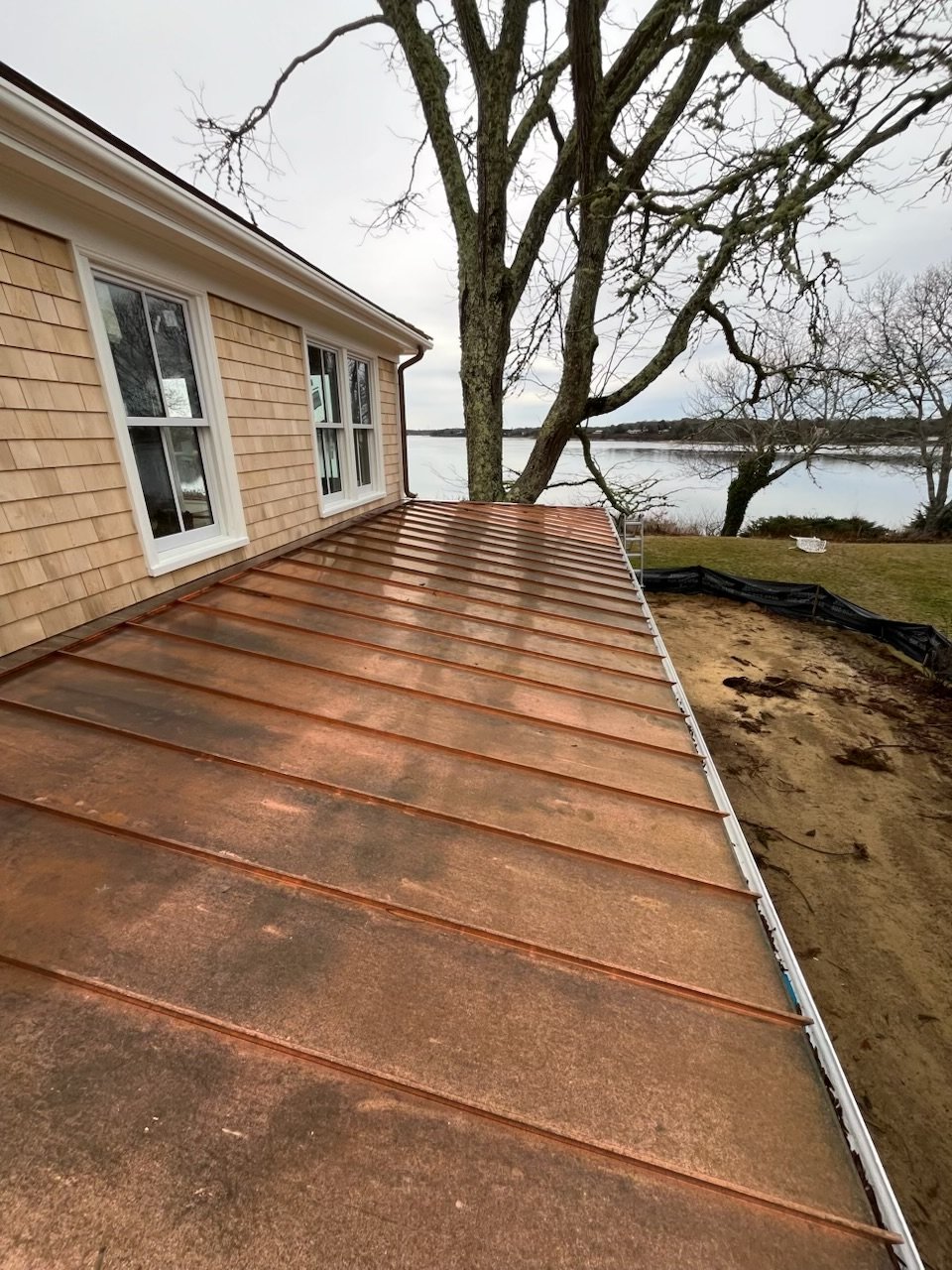 Photo showing a roof with new copper roofing panels on a house near a lake, with a leafless tree and cloudy sky in the background.