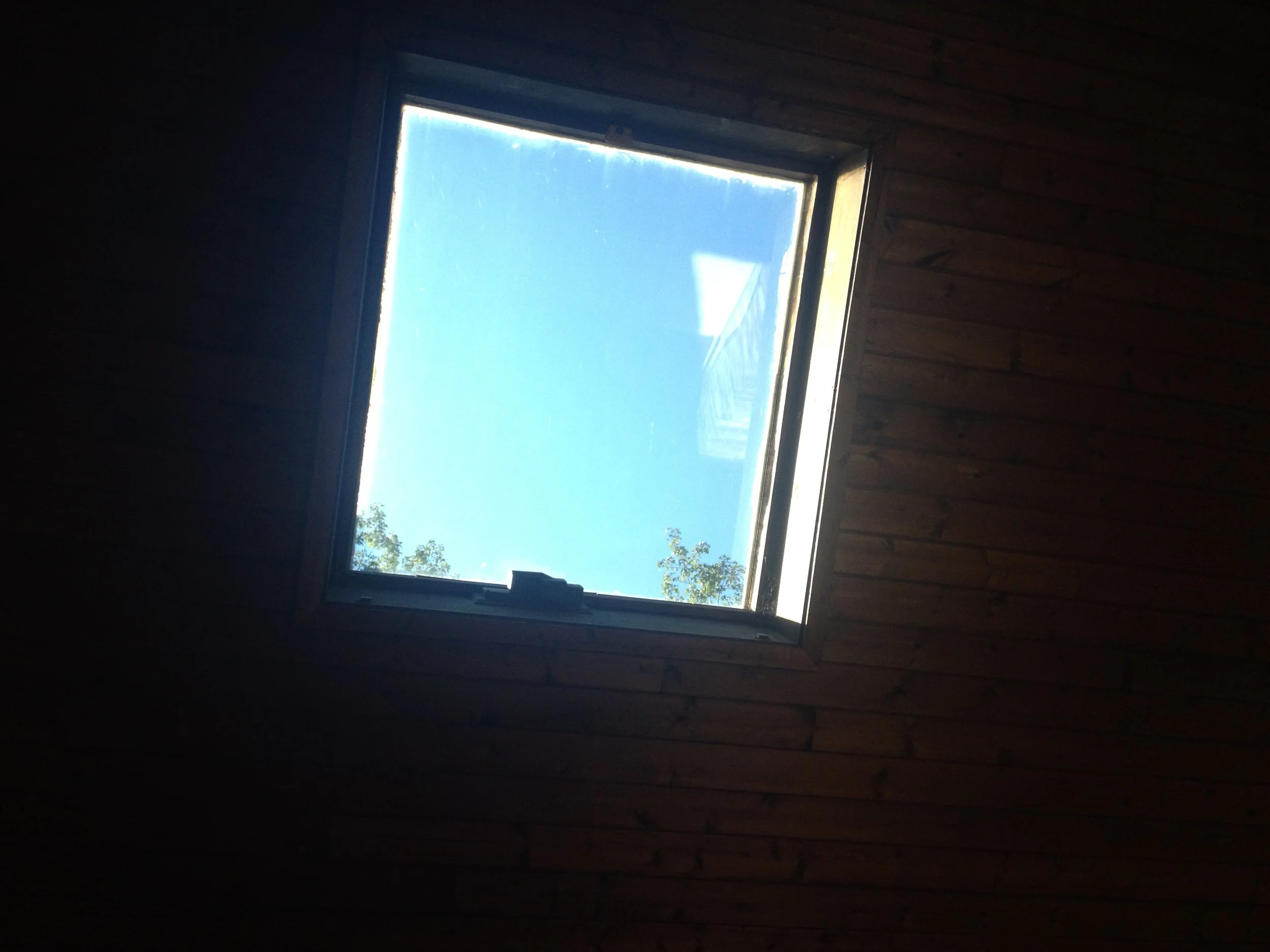 Looking up at a skylight window in a wooden ceiling, showing a clear blue sky and some tree branches outside.