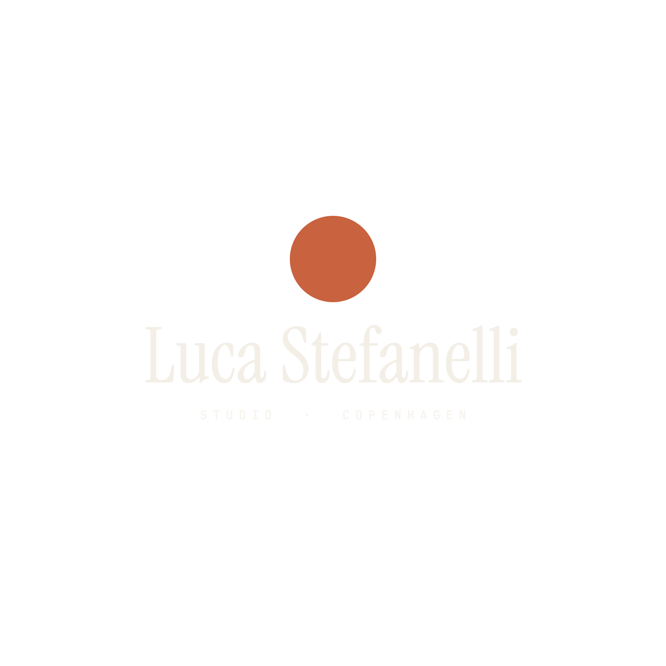 Black background with white text reading 'Luca Stefanelli Studio Copenhagen' and a small orange circle above the text.