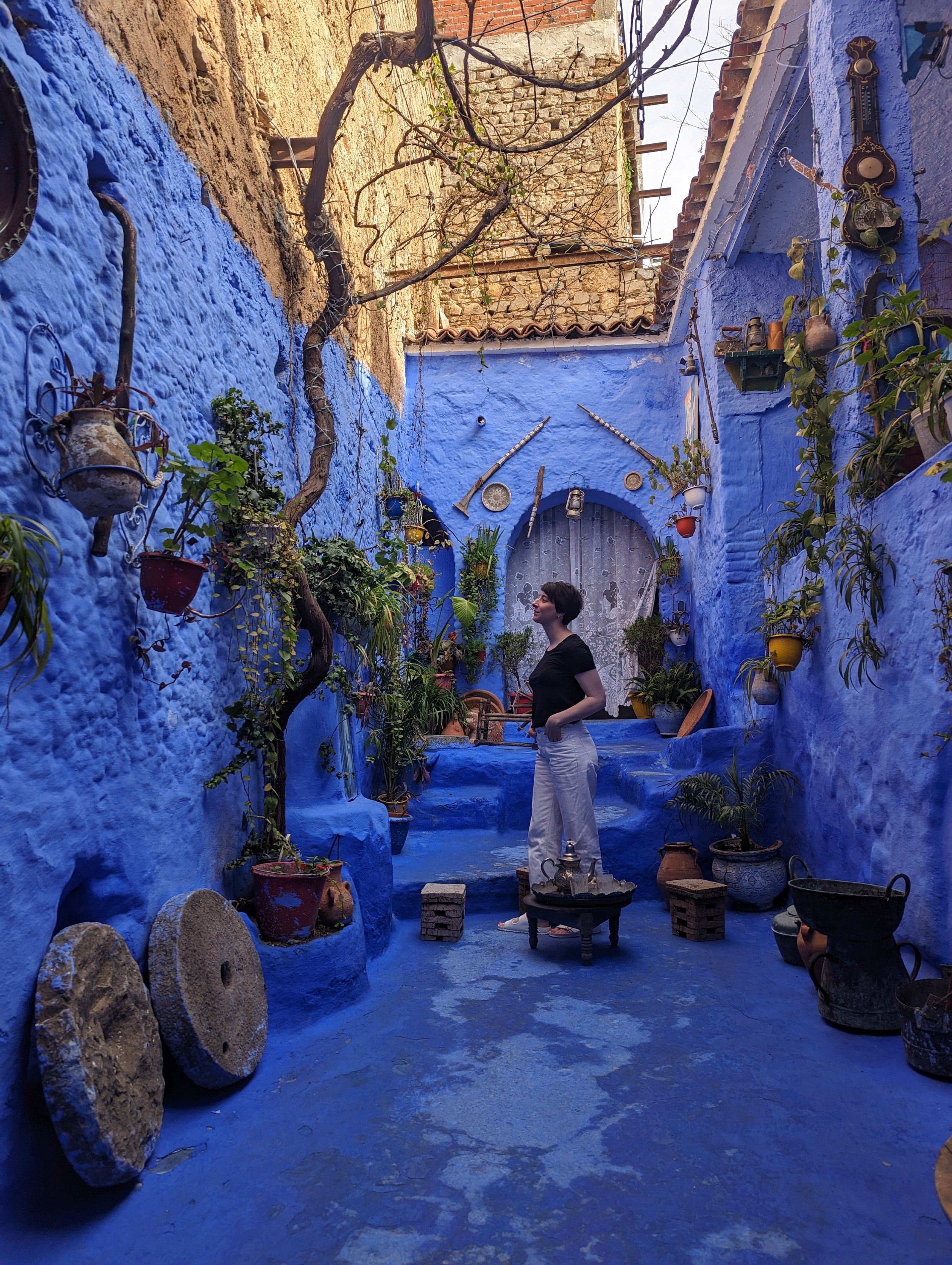A woman standing in a vibrant blue courtyard filled with potted plants, hanging decor, and vintage items, with painted blue walls and a rustic atmosphere.