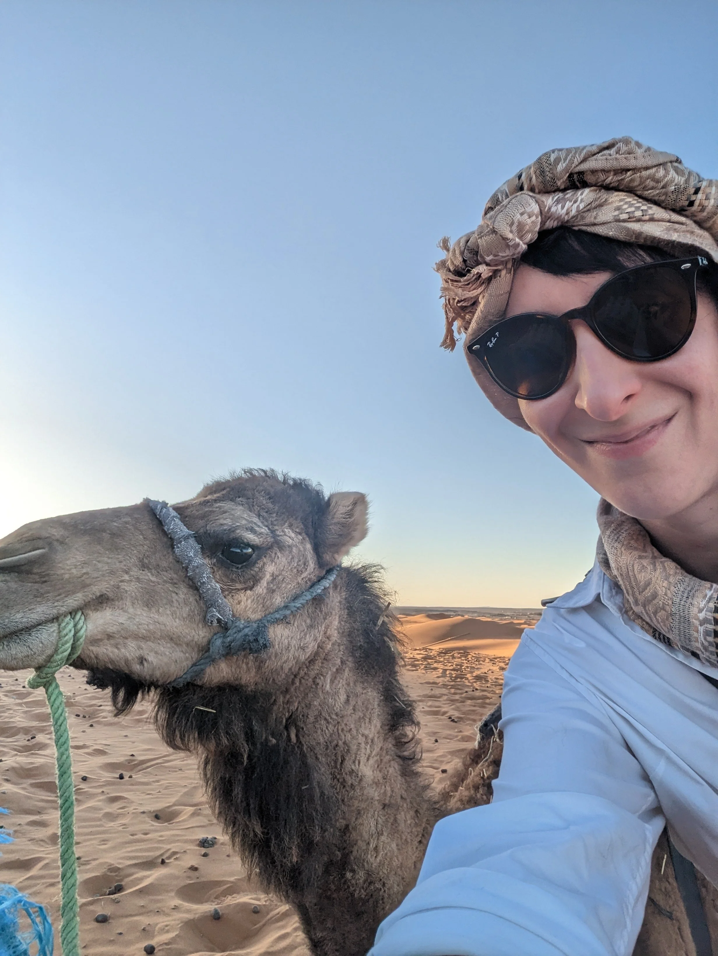 A person wearing sunglasses and a headscarf takes a selfie with a camel in a desert landscape with sand dunes under a clear sky.