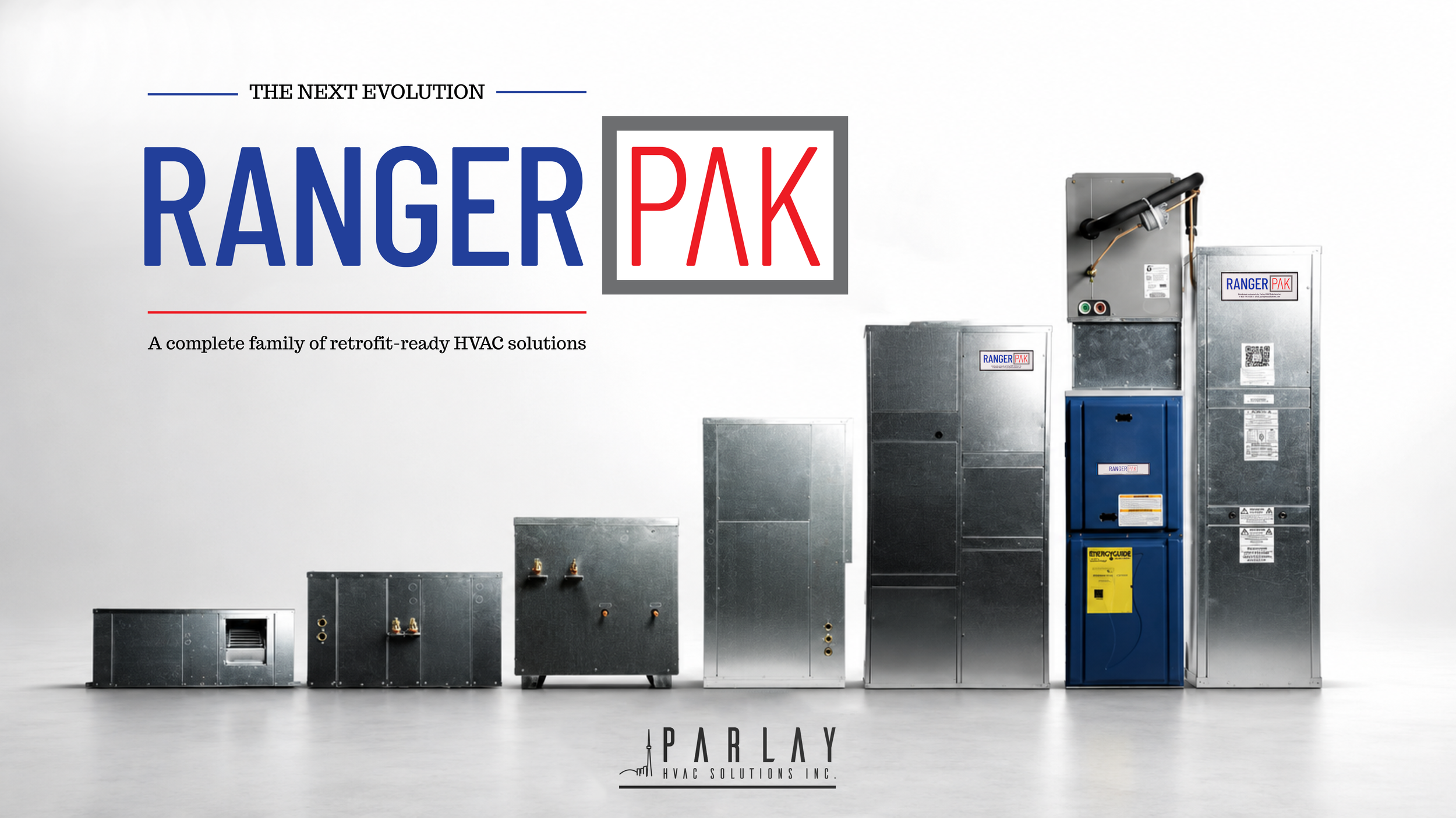 A lineup of Parlay HVACs product line of HVAC equipment on a white background.