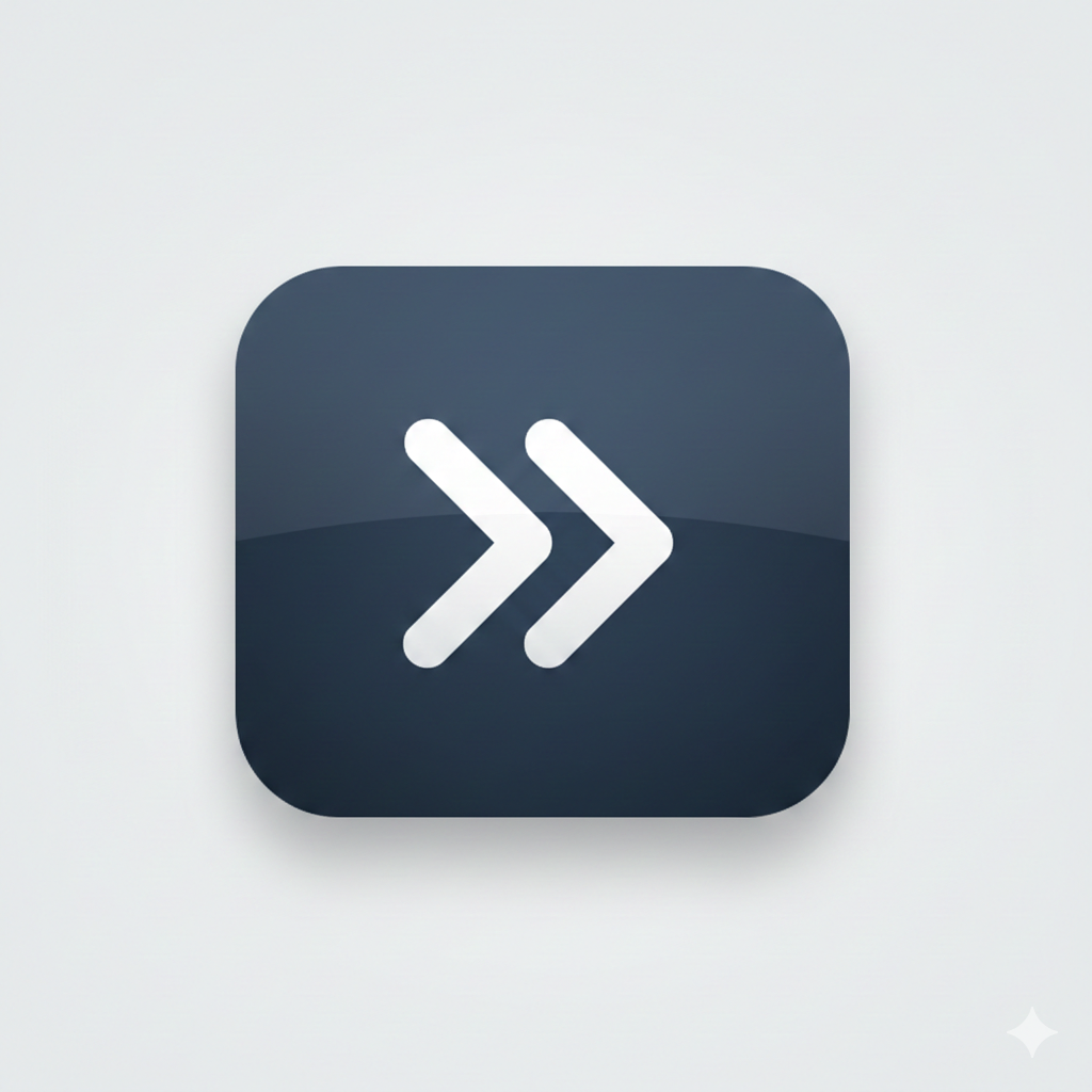 A dark blue app icon with two white double right arrows in the center.