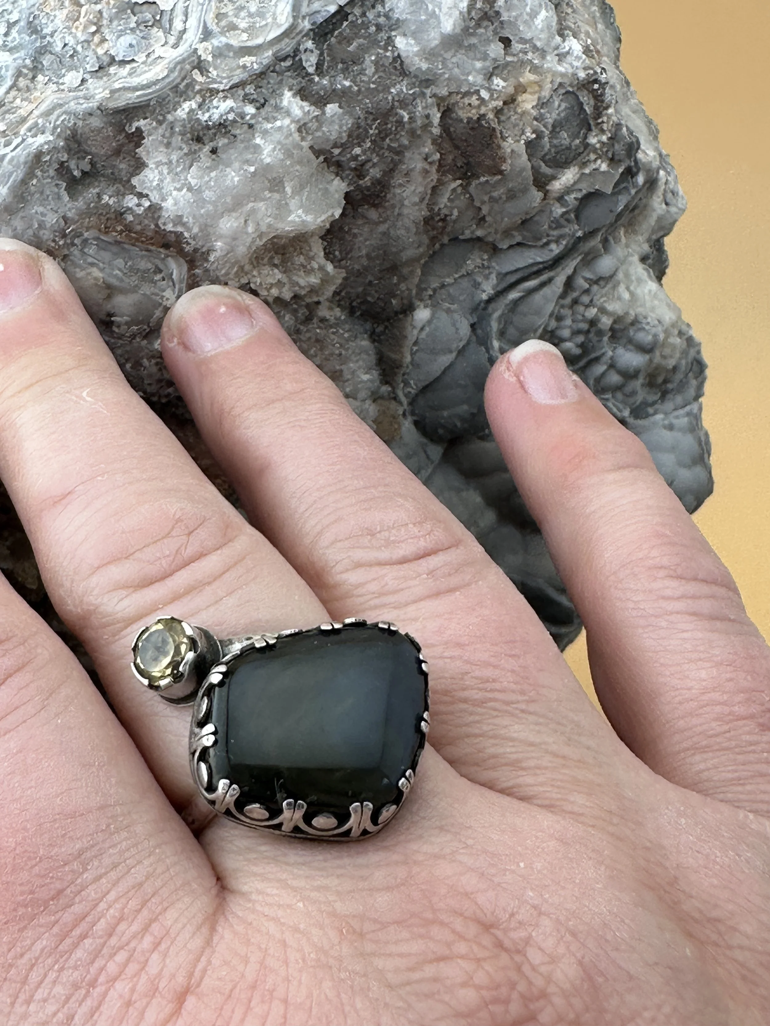 Obsidian and Citrine adjustable ring