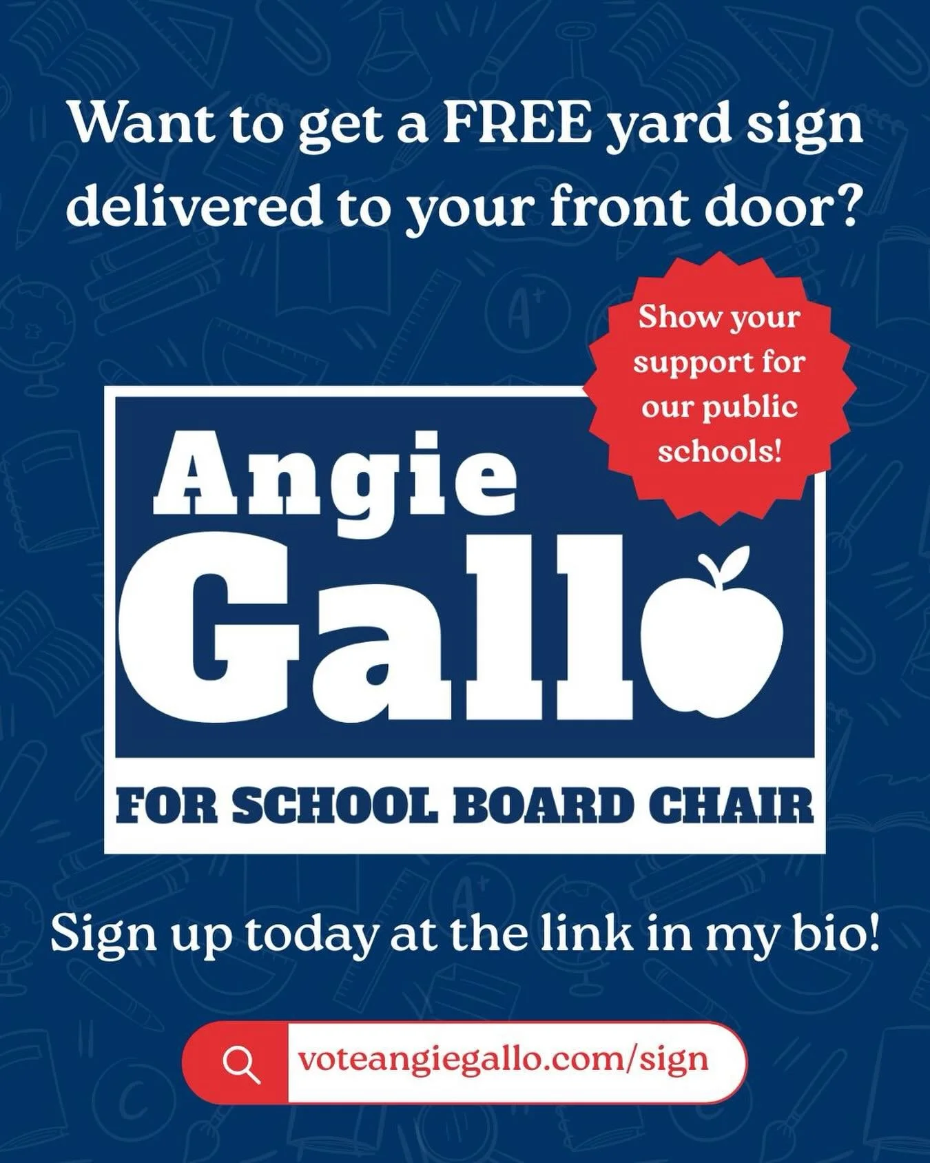 Show your support and help us build a strong community! The more signs we get out there, the more engagement we&rsquo;ll have with voters 💙

🔗 Sign up at the link in bio or at voteangiegallo.com/sign to get a free yard sign delivered to you!

✨ Int