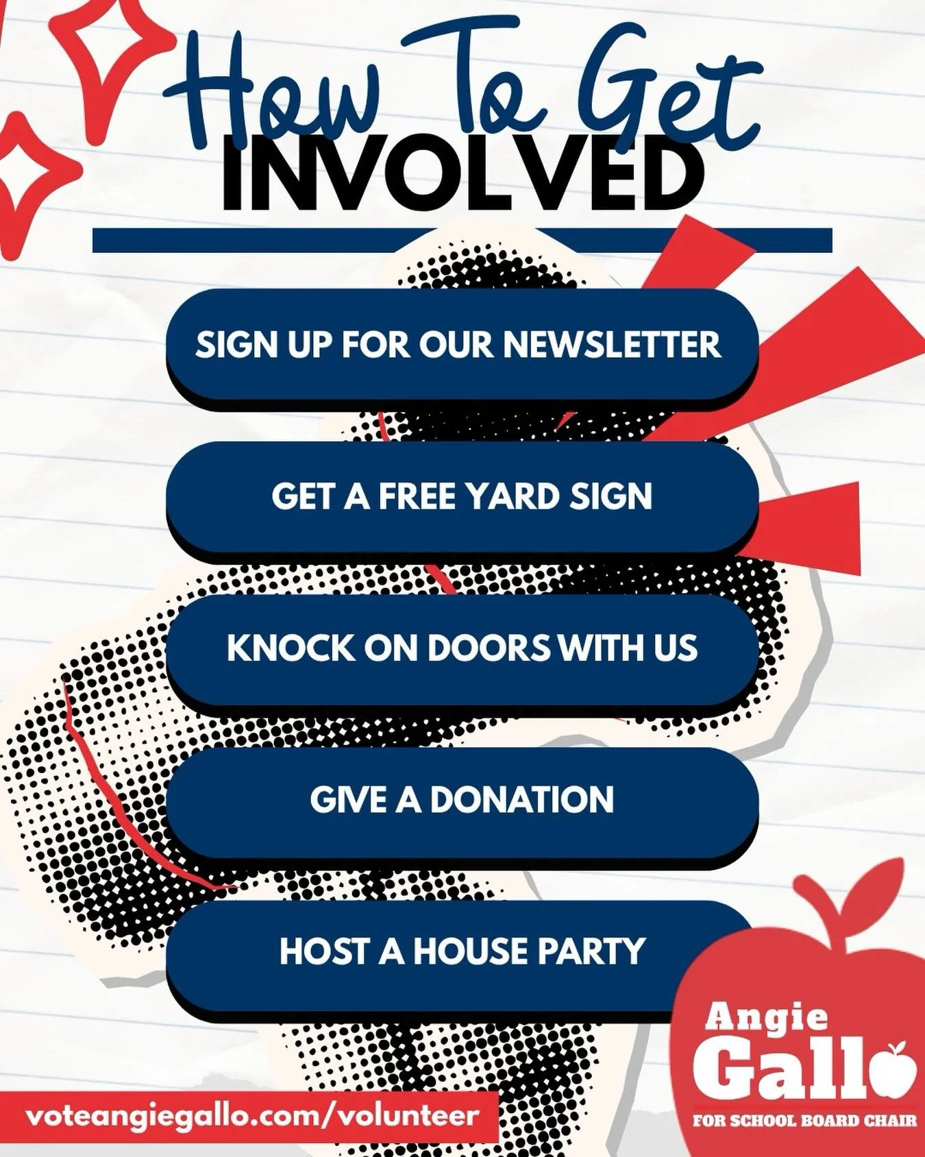 Want to get more involved but don&rsquo;t know how? Click the link in bio or visit voteangiegallo.com/volunteer to learn about ways you can support our campaign. 

In a time where contentious politics is infiltrating our schools, we need leadership t