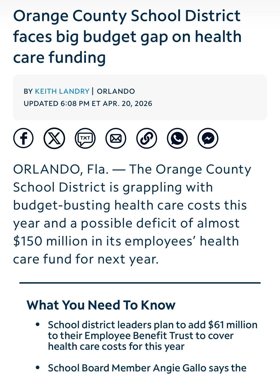 Orange County Public Schools are facing many challenges, including the rising costs of health care. I understand that many people are struggling with the rising cost of living, and changes to healthcare benefits can create additional stress and uncer